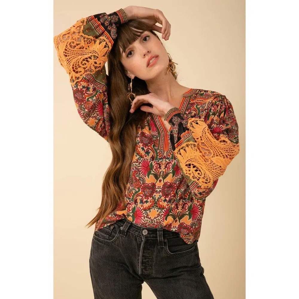Hale Bob Lana Crochet Top Womens XS Orange Paisley Voluminous Sleeve
